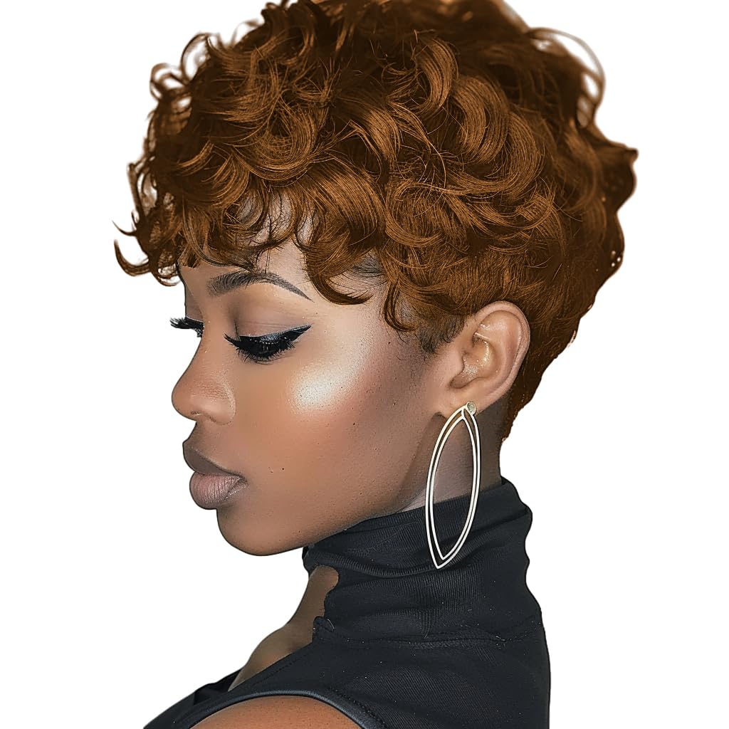 MUJGOO Short Wigs for Black Women Brown Pixie Cut Wig for Black Women with Bangs(Brown)