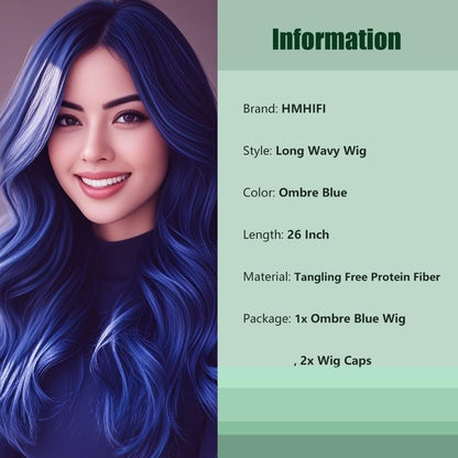 Blue Mixed Black Wigs for Women Long Wavy Blue Wig Natural Middle Part Synthetic Curly Hair Heat Resistant Fiber Hair Replacement Wigs for Daily Party
