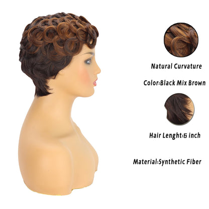 MUJGOO Short Curly Pixie Cut Wigs for Black Women Black Ombre Brown 6inch Short Pixie Wigs for Black Women With Bangs (Black and brown)