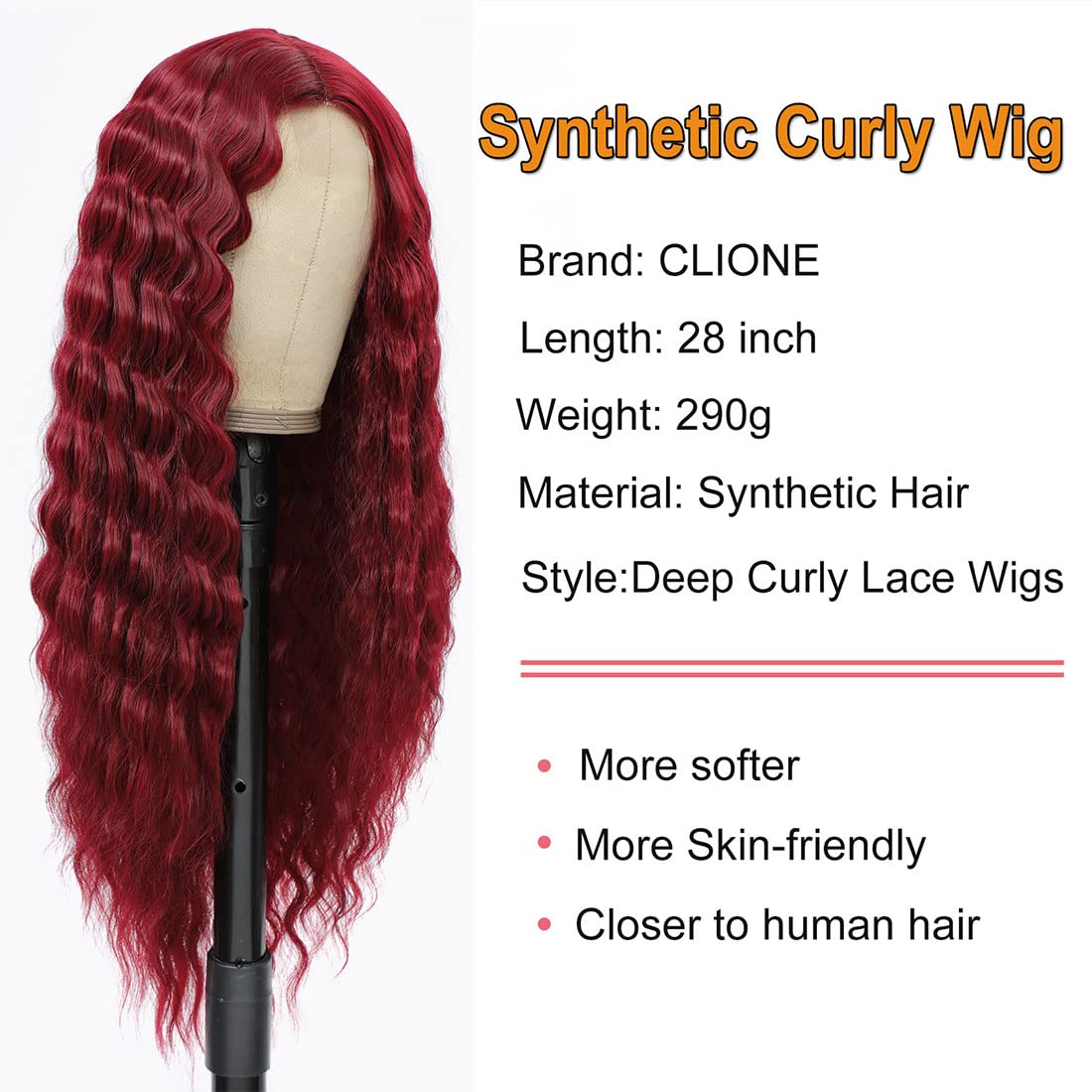 Long Deep Wave Wig Burgundy Lace Front wigs 28 Inch Long Curly Synthetic Wigs for Women Fake Scalp Natural Crimps Curls Wig,Bug#