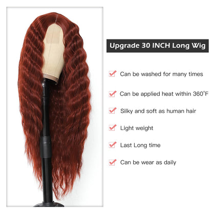 INSTASTYLE 30inch Curly Wig Long Synthetic Wigs for Black Women Ginger Red Deep Wave Synthetic Curly Wig Lace Front with 4" Simulated Scalp Natural Crimps Curls Hair Replacement Wig，350#