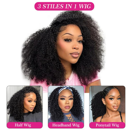 Legendhair Wear & Go Glueless Wigs Human Hair Afro Kinky Curly Human Hair Half Wigs for Black Women Seamless Kinky Curly Bob Pixie Cut Wig Drawstring Full Head Clip in Half Wig 200% Density 12 Inch