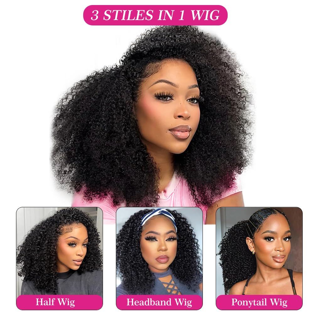 Legendhair Wear & Go Glueless Wigs Human Hair Afro Kinky Curly Human Hair Half Wigs for Black Women Seamless Kinky Curly Bob Pixie Cut Wig Drawstring Full Head Clip in Half Wig 200% Density 14 Inch