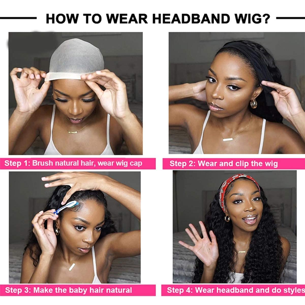 Headband Wig Human Hair Deep Wave 8 Inch Glueless None Lace Front Wigs Machine Made Half Wigs for Black Women 150% Density Curly Headband Wigs Human Hair Natural Color