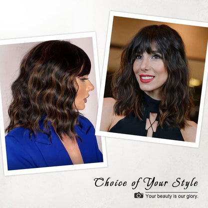 AISI HAIR Wavy Bob Wigs with Bangs for Women Black Mixed Brown Color Short Wavy Bob Curly Wig Synthetic Natural Looking Heat Resistant Fiber Hair for Women
