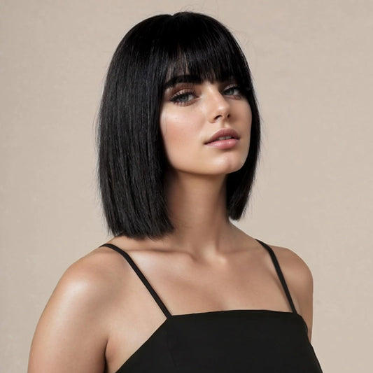 Short Black Straight Wig with Bangs Black Wigs for Women Bob Shoulder Length Wigs Heat Resistant Fiber Synthetic Hair Wigs Hair Replacement Natural Looking(12INCH)