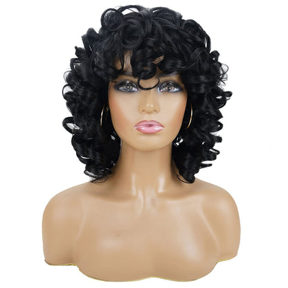 andromeda Curly Wigs for Black Women Soft Black Short Curly Wig with Bangs Afro Loose Curls Heat Resistant Synthetic Wig for African American Women (Black)