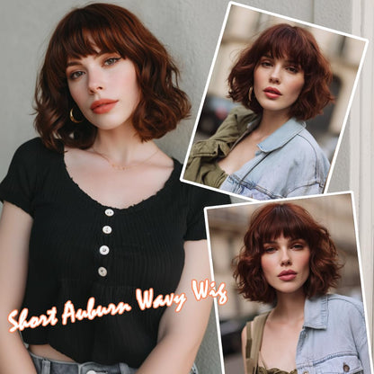EssionTech Short Auburn Wigs for Women Dark Ginger Wig with Bangs Wigs Natural Looking Curly Hair Medium Length Synthetic Bob Wig Wavy Colorful Wigs（12 Inches）