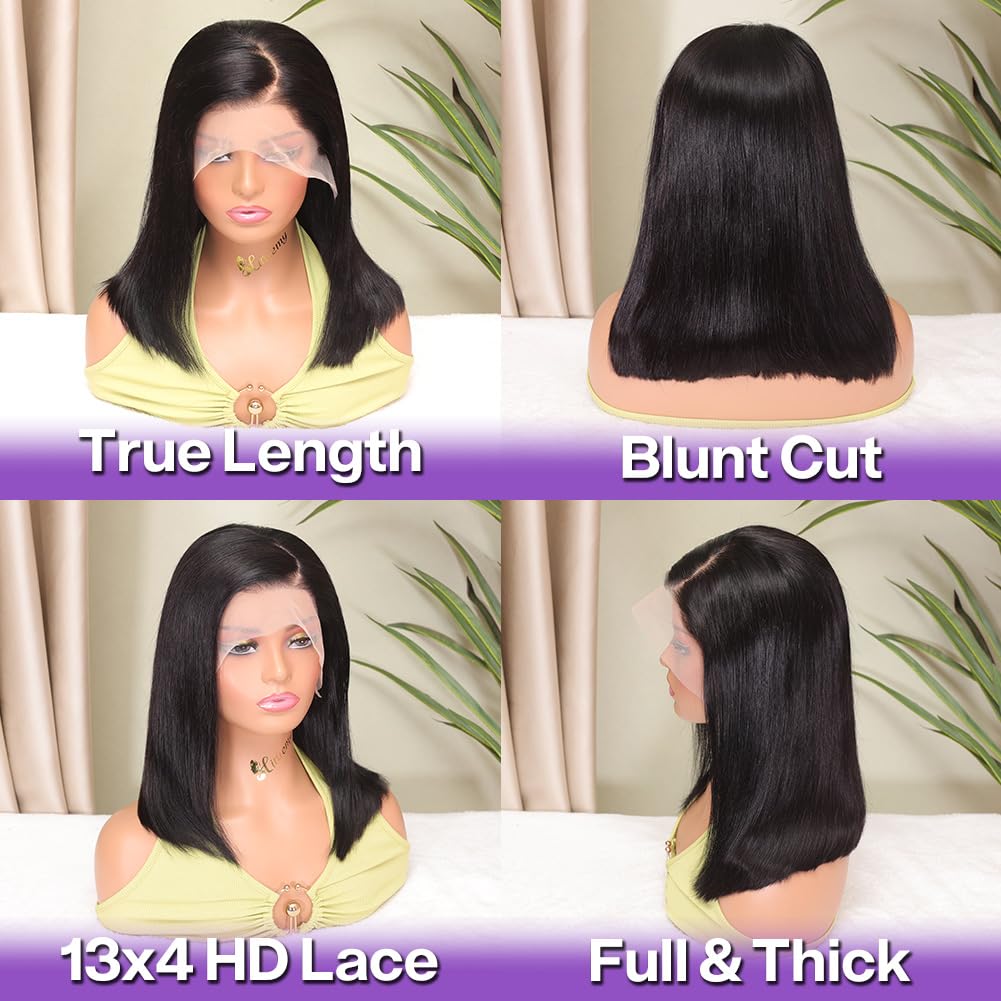 HIRIREMY Bob Wig Human Hair 13x4 HD Lace Frontal Short Straight Lace Front Bob Wigs for Black Women Human Hair Pre Plucked Glueless Side Part 180% Density Black Color 14 Inch