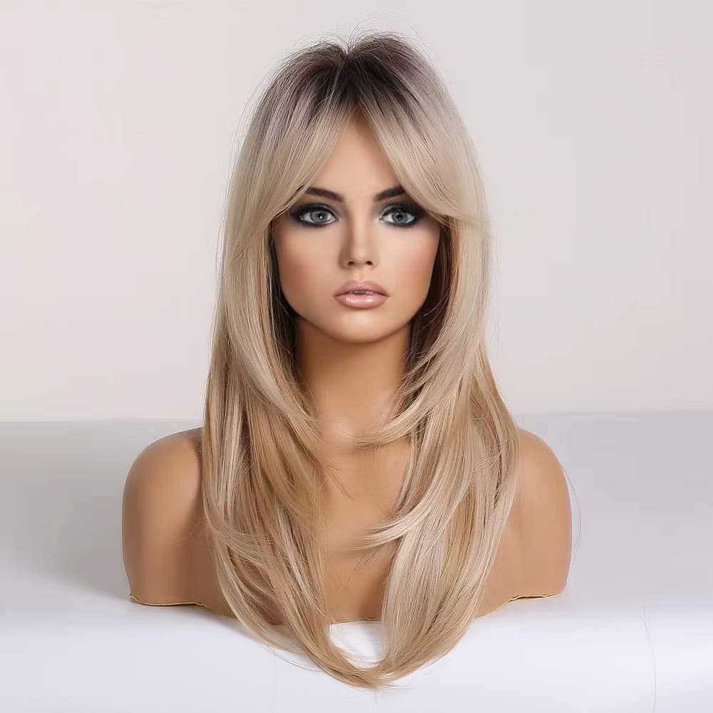 Alanhair Long Ombre Blonde Wigs for Women,HAIRCUBE Layered Synthetic Wig with Bangs Heat Resistant Fiber Daily 24 Inch