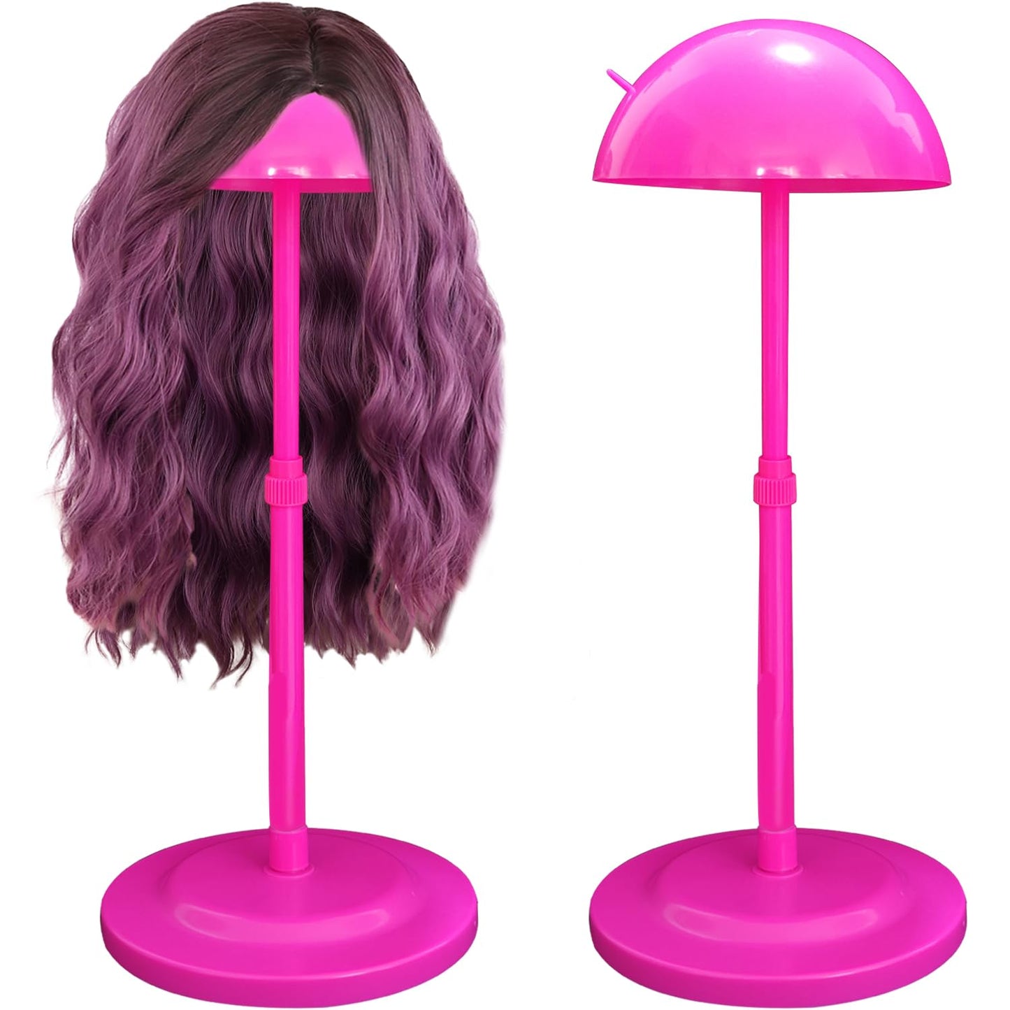 Wig Stand 1PC Adjustable Height Pink Plastic Wig Head Stand Portable Wig Holder Stands Non-Slip Wig Head Holders Sturdy for Multiple Wigs and Hats Styling Drying Display
