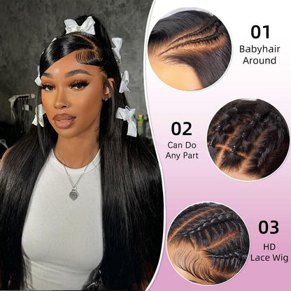 TAIKOU 13x6 Lace Front Wigs Human Hair 200 Density 13x6 HD Transparent Lace Front Wigs Human Hair Pre Plucked Straight Human Hair Wig With Baby Hair For Women 24Inch