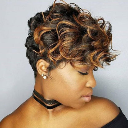 MUJGOO Short Curly Pixie Cut Wigs for Black Women Black Ombre Brown 6inch Short Pixie Wigs for Black Women With Bangs (Black and brown)
