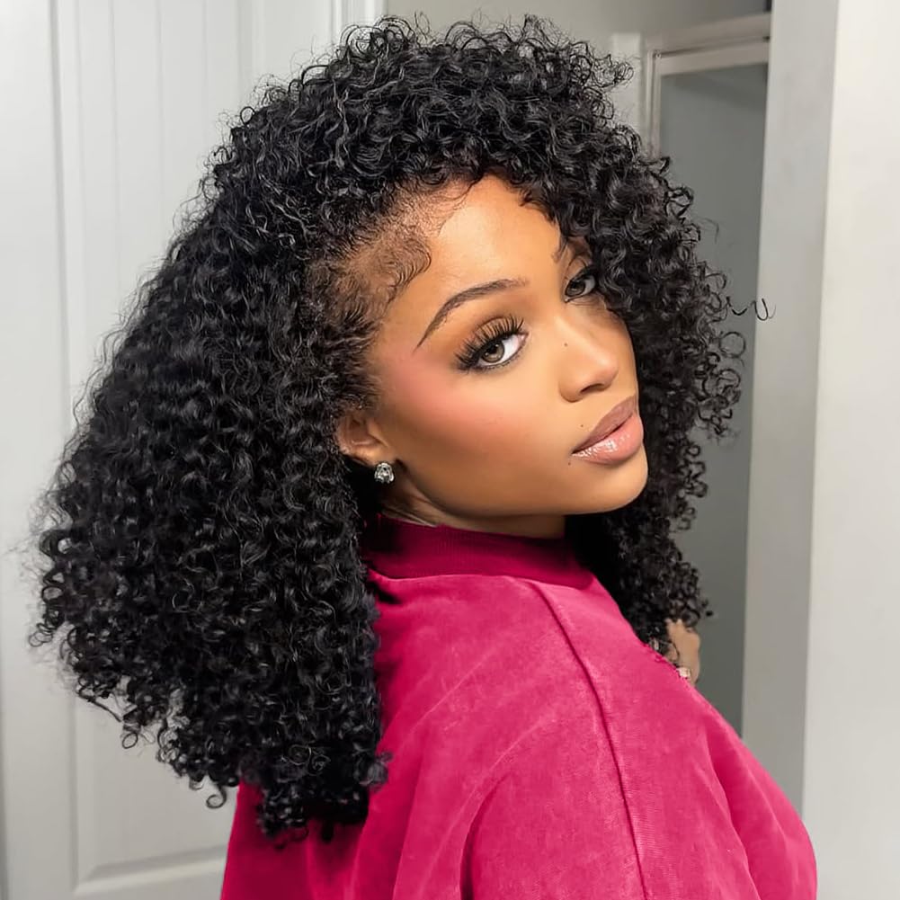 QUANDIAN Kinky Curly Half Wig Human Hair 200% Density Wear Go Glueless Wigs Human Hair 20 Inch Curly 3 In 1 Half Wigs for Women Drawstring Seamless Flip Headband Wig Beginner Friendly