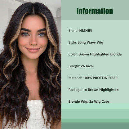 Long Brown Wig for Women 26Inch Wavy Curly Brown Highlight Blonde Hair Wigs Synthetic Hair Replacement Wig Heat Resistant Hair Wig for Daily Party Use Halloween Costume Wigs