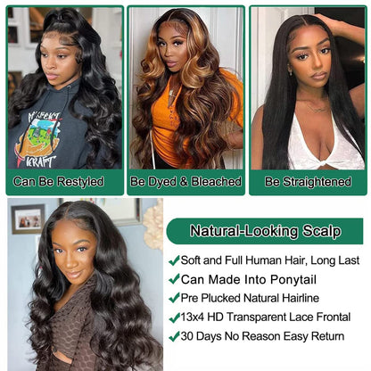 Douyin Body Wave Lace Front Wigs Human Hair Pre Plucked 18 Inch 180% Density 13x4 HD Lace Front Wigs For Women Glueless Transparent Human Hair Wig Natural Black Color