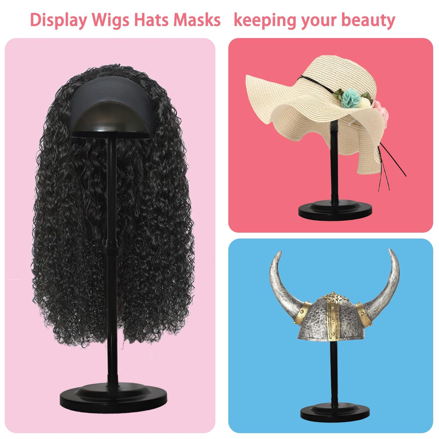 Wig Stand 1PC Adjustable Height Black Plastic Wig Head Stand Portable Wig Holder Stands Non-Slip Wig Head Holders Sturdy for Multiple Wigs and Hats Styling Drying Display