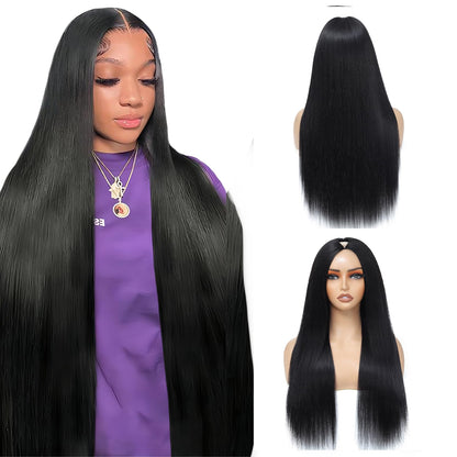 V Part Wig Human Hair Straight Human Hair Wigs Upgrade U Part Human Hair Wig for Women No Leave Out No Sew In 200% Density Natural Color 24 Inch