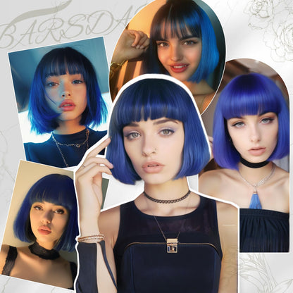 BARSDAR Blue Short Bob Wig With Bangs - Short Blue Bob Wig With Bangs for Women - 12 Inch Chin-Length Natural Looking Soft Synthetic Hair Replacement Party Halloween Sadness Costume Wigs