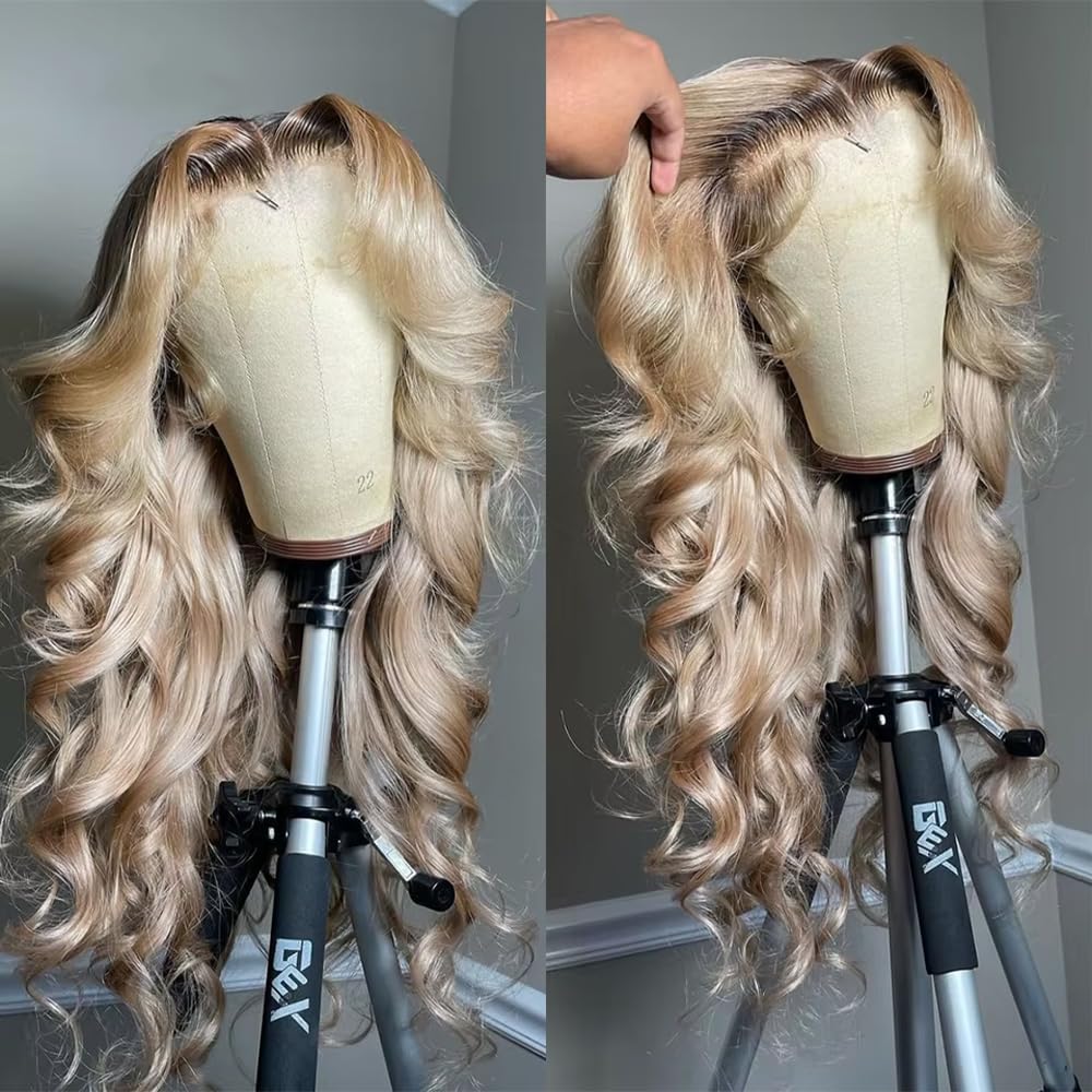 CIYOO 200% Density Milk Tea Ombre Ash Blonde Lace Front Wig Human Hair Upgrades 13x6 Body Wave Lace Front Wig for Women Hd Invisible Frontal Pre Plucked Ombre Blonde Human Hair Wig 22 Inch
