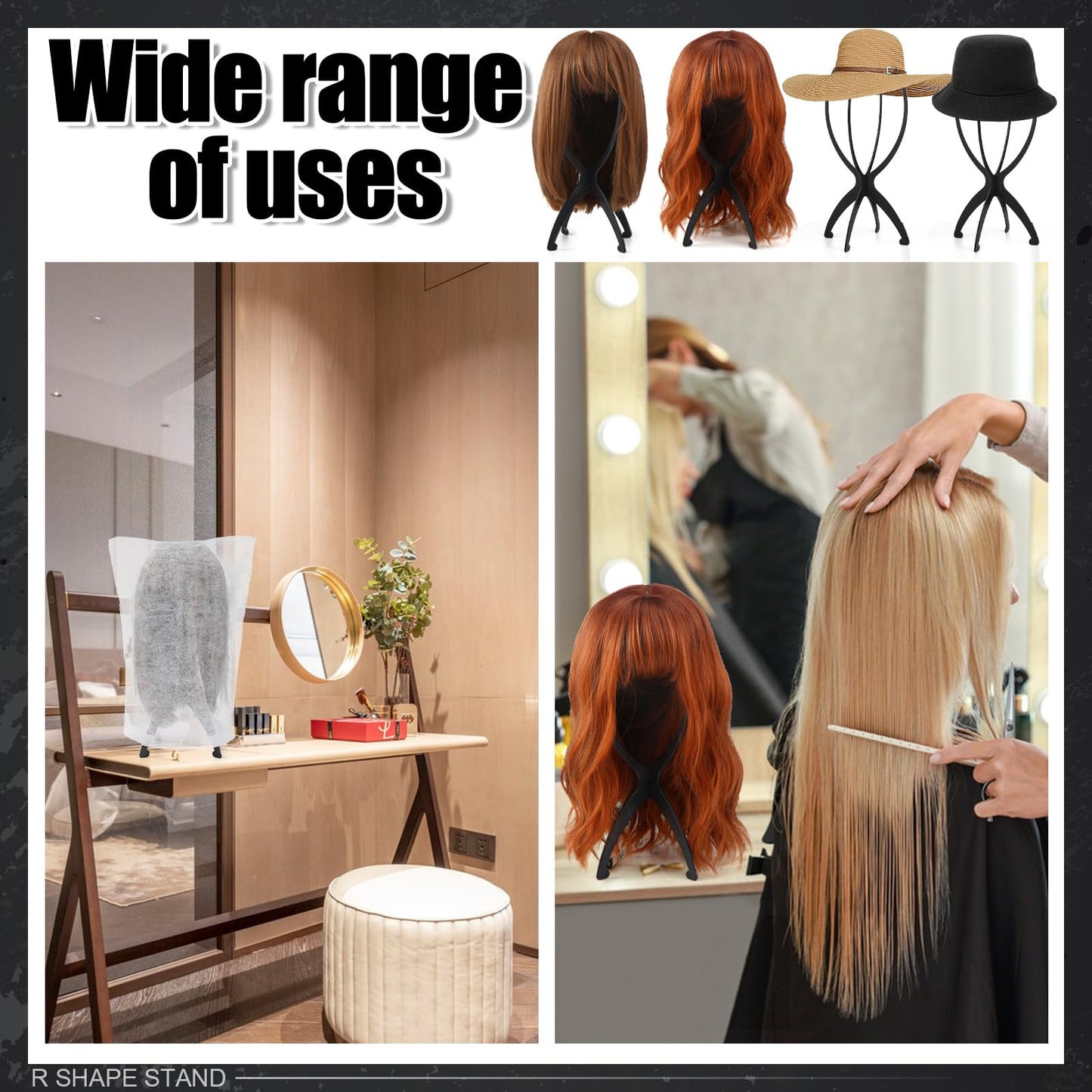 ProSuites 2 Pack Wig Stand with 2Pcs Wig Dust Bag, Travel Wig Head Stand Holder for Women Multiple Wigs Styling, Black, Hair Length Under 40cm/15.74in