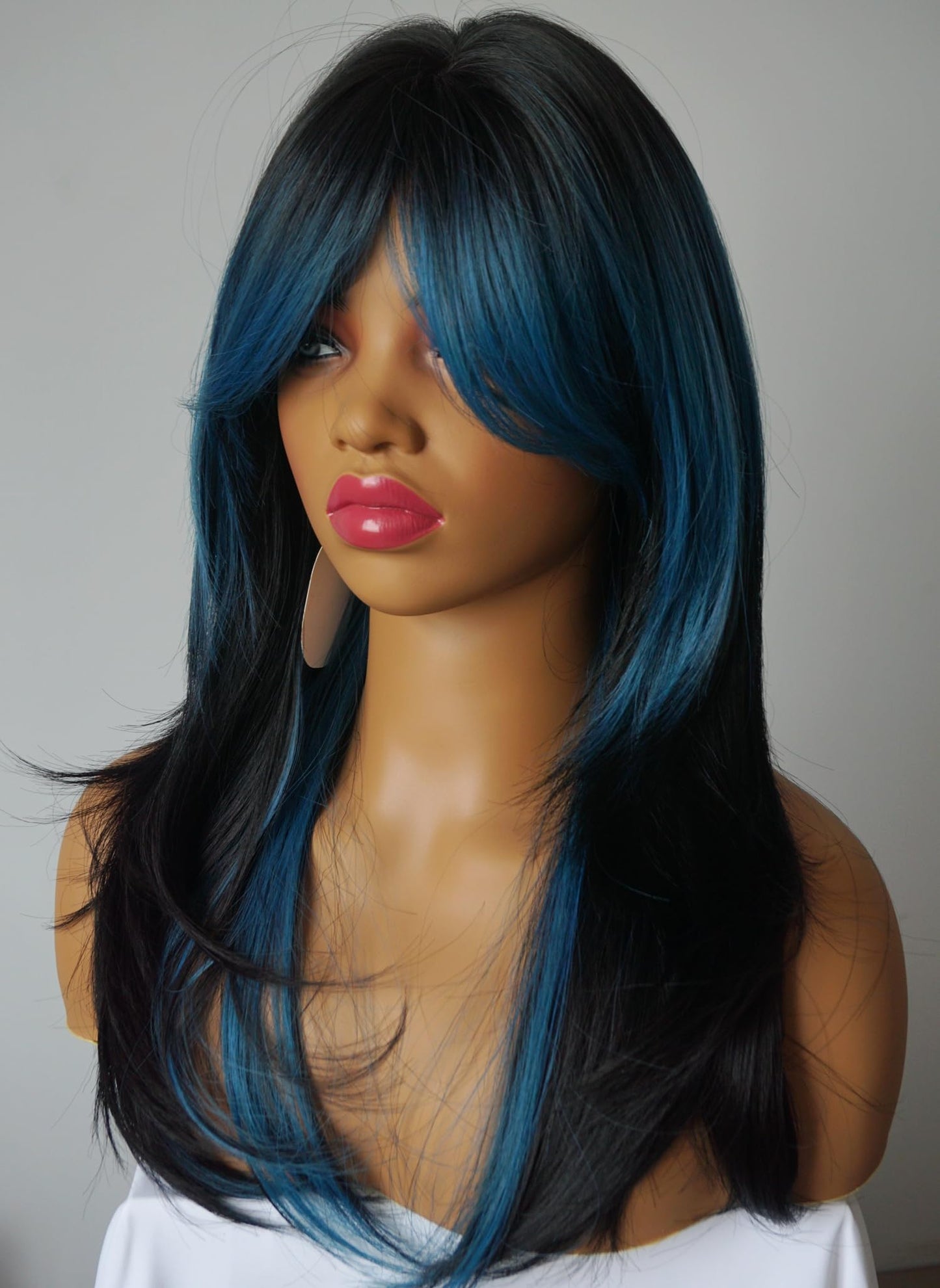 Long Layered Shoulder Length Blue Black wig Synthetic Hair Fiber Highlight Multicolor Wigs for White Women