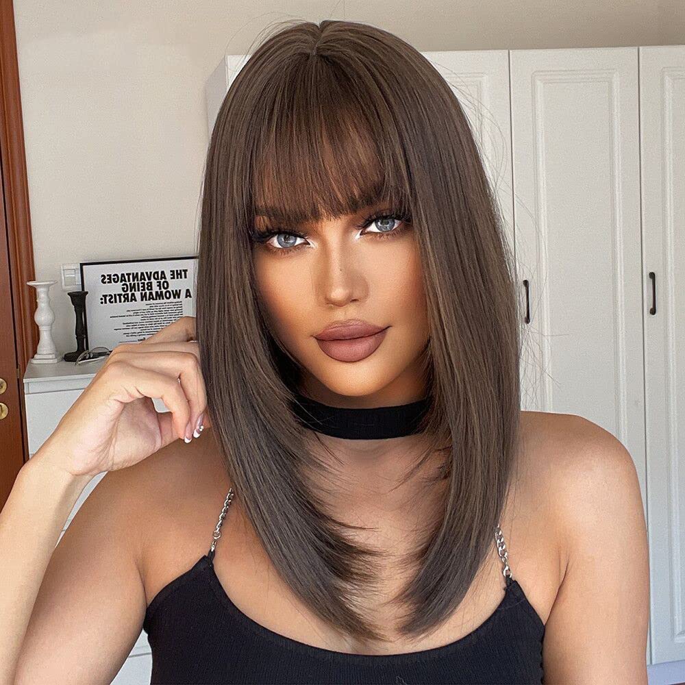 Alanhair Brown Wigs for Women,HAIRCUBE Medium Length Layered Wigs with Bangs Heat Resistant Synthetic Wigs for Daily Party Use