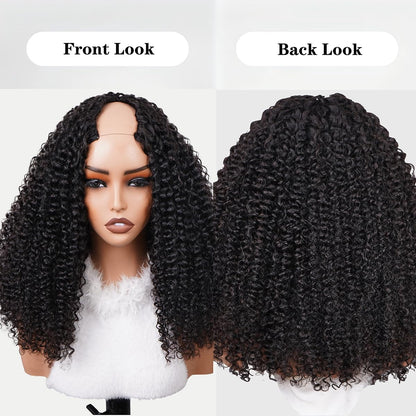 ISEE V Part Human Hair Kinky Curly Minimal/No Leave Out Upgrade U Part Wig for Black Women V Shape Kinky Curly Thin Part Glueless Clip In Half Wig 180% Density Natural Color 14 Inch