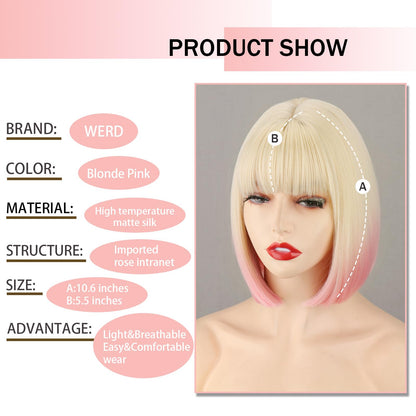 WERD Short Blonde Pink Bob Wig for Women Ombre Wig With Bangs Synthetic Straight Blonde mixed Pink Bob Hair for Daily Party Cosplay