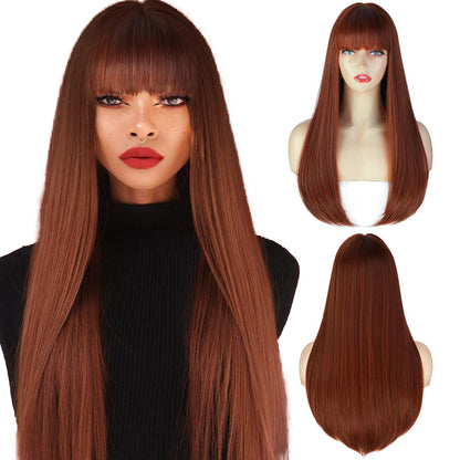 ENTRANCED STYLES Auburn Wigs for Women Long Straight Wig with Bangs Reddish Brown Wig Colored Cosplay Wig Heat Resistant Synthetic Copper Red Wig for Daily Party Use 22 Inch