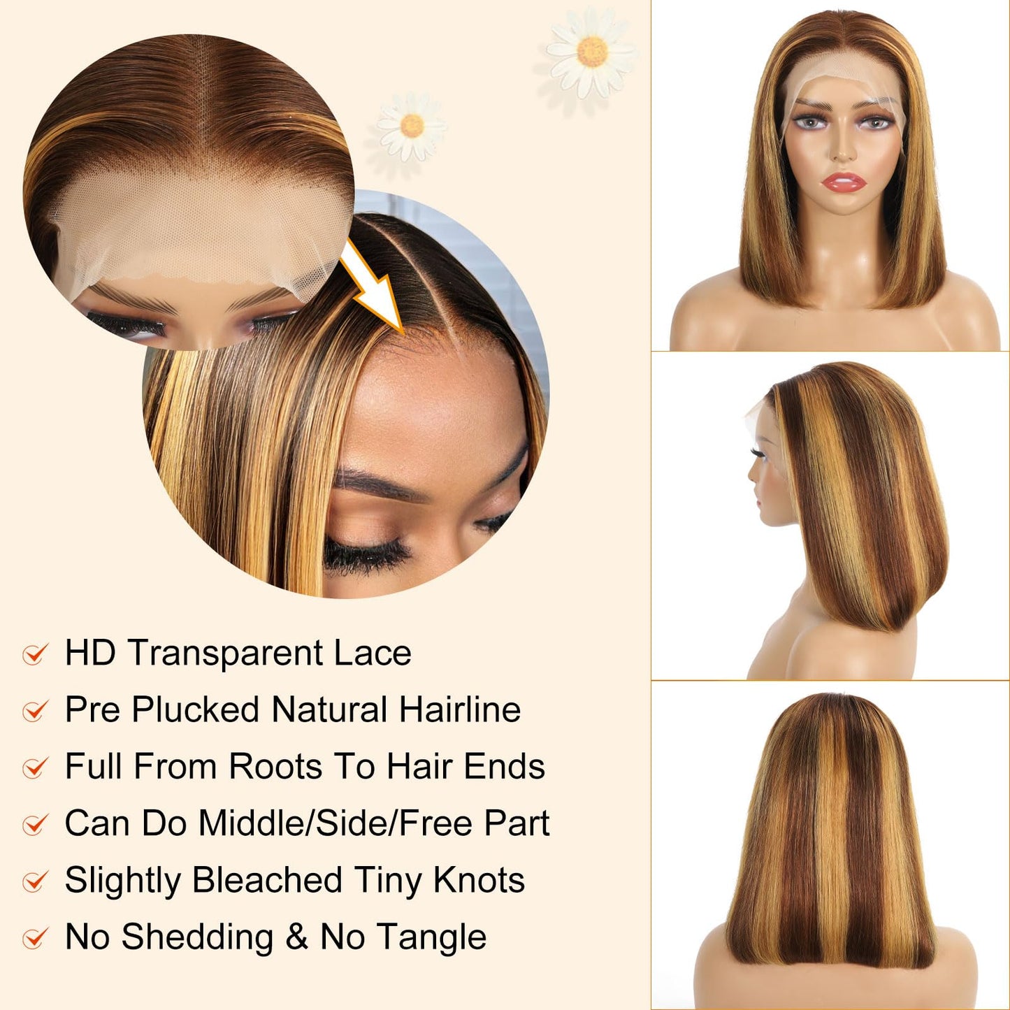 Ombre Highlight Bob Wig Human Hair 13x4 Lace Front Wigs P4/27 Colored Wigs 14 Inch Honey Blonde Bob Human Hair Wig 180 Density Glueless Short Human Hair Wigs for Women Pre Plucked With Baby Hair