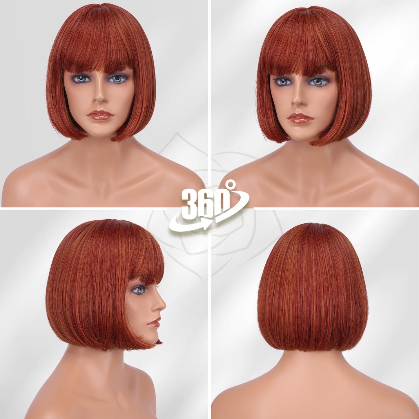BARSDAR Short Bob Wig with Bangs - Short Copper Auburn Bob Wig with Bangs for Women - 12 Inch Chin-Length Natural Looking Soft Synthetic Hair Replacement Daily Halloween Party Copper Auburn Wigs