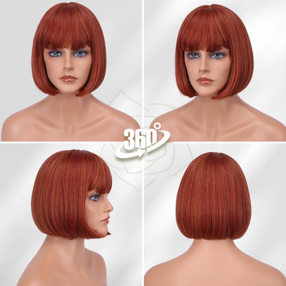 BARSDAR Short Bob Wig with Bangs - Short Copper Auburn Bob Wig with Bangs for Women - 12 Inch Chin-Length Natural Looking Soft Synthetic Hair Replacement Daily Halloween Party Copper Auburn Wigs