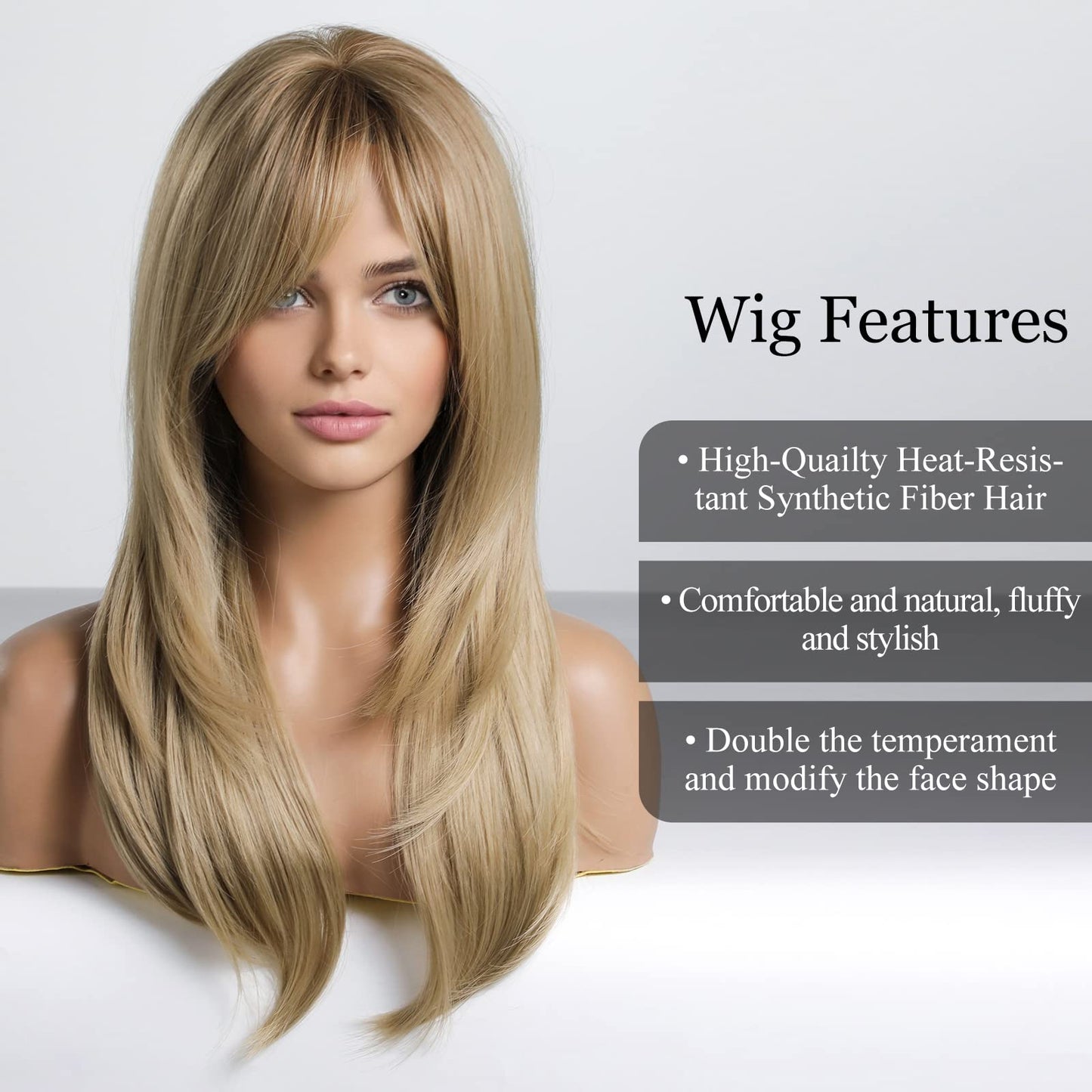 Alanhair Long Ash Blonde Wigs for Women,HAIRCUBE Layered Synthetic Wig with Bangs Heat Resistant Fiber Daily 24 Inch