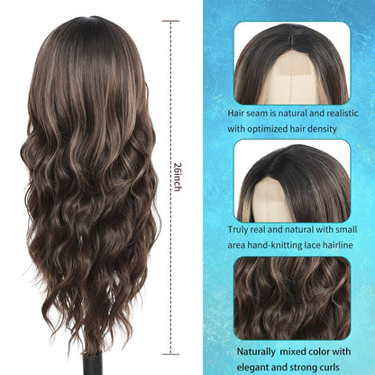 Long Brown Wig for Women 26Inch Wavy Curly Brown Highlight Blonde Hair Wigs Synthetic Hair Replacement Wig Heat Resistant Hair Wig for Daily Party Use Halloween Costume Wigs