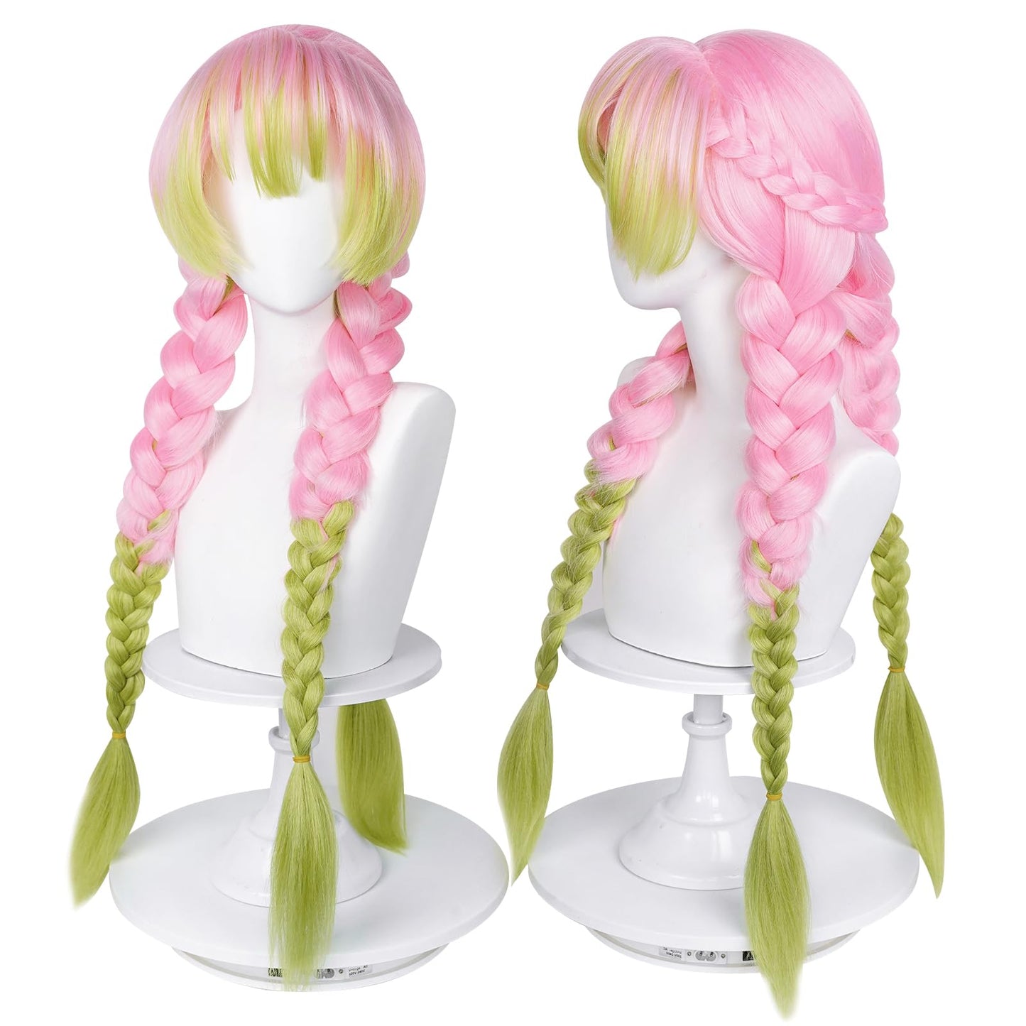 Max Beauty Anime Pink and Green Wig for Mitsuri Cosplay Braided Hair Wig with Pigtails Halloween Party + Cap