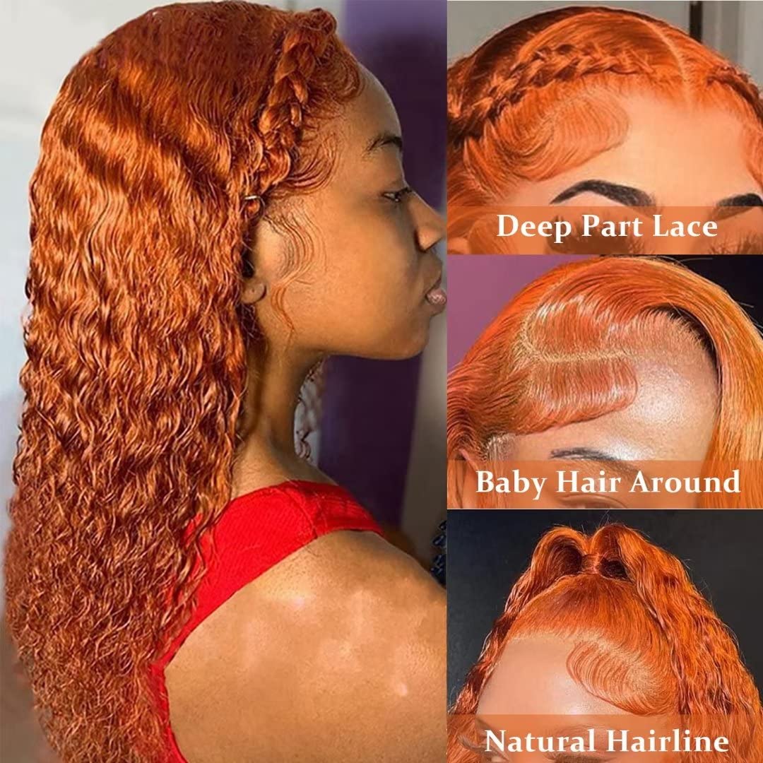 Daules Ginger Curly Lace Front Wigs Human Hair Deep Wave for Women 13x4 HD Transparent Pre Plucked Curly Wigs 180% Density Orange Colored Glueless Wig Super Soft True to length 34 Inch