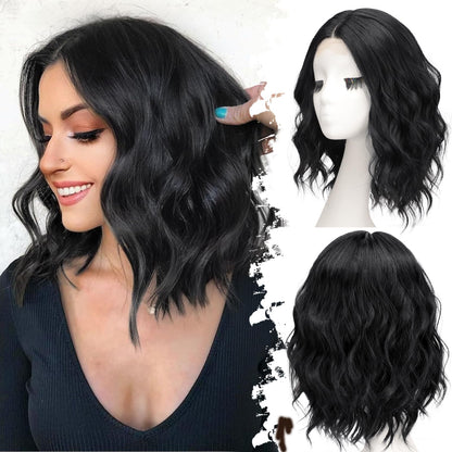 Eawwii Black Short Wavy Wig for Women Lace Hairline Bob Style Synthetic Heat Resistant - Natural Appearance for Everyday Hairstyle 14 Inch