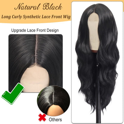 Mairead 26 Inch Long Curly Wavy Synthetic Lace Front Wigs for Black Women Synthetic Black Wig Middle Part Natural Looking Synthetic Heat Resistant Fiber for Daily Party Use