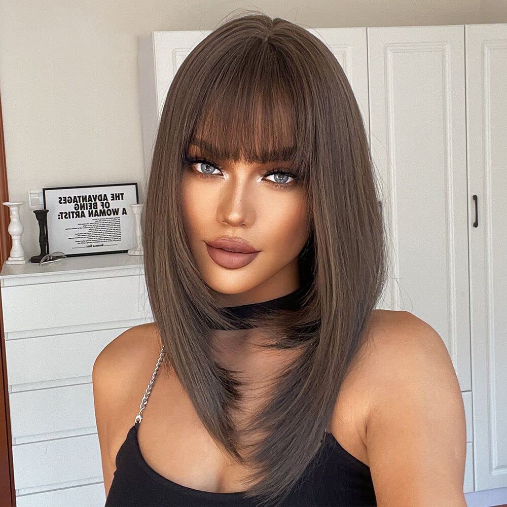 Alanhair Brown Wigs for Women,HAIRCUBE Medium Length Layered Wigs with Bangs Heat Resistant Synthetic Wigs for Daily Party Use