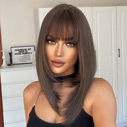 Alanhair Brown Wigs for Women,HAIRCUBE Medium Length Layered Wigs with Bangs Heat Resistant Synthetic Wigs for Daily Party Use