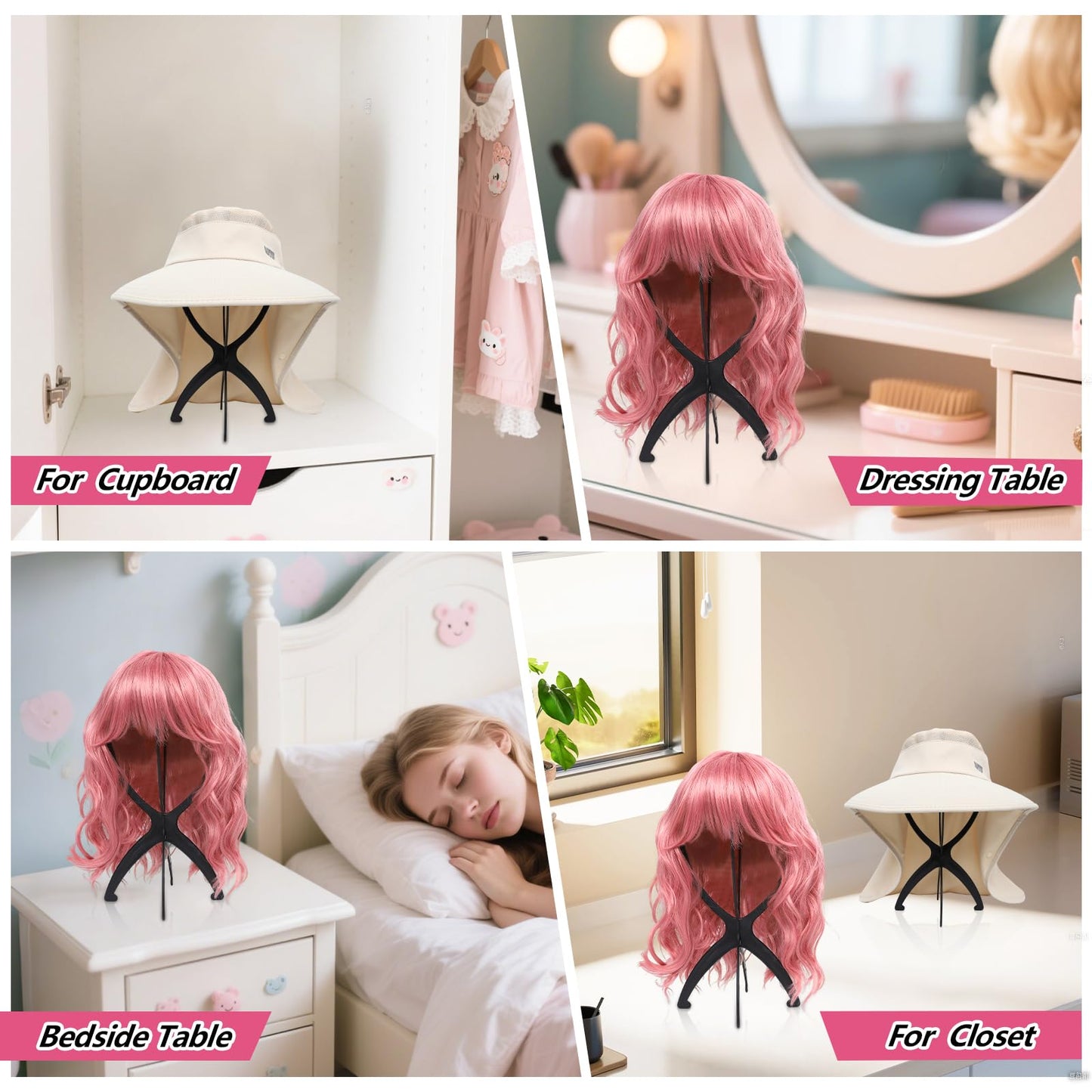 Seewaazee 2 Pack Wig Stand, Wig Head Stand Portable Wig Holder for Multiple Wigs, Wig Stands Tripod for Styling Wig Storage, Black two Packs