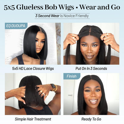 EQ DUOUPA Wear and Go Glueless Bob Wigs Human Hair Pre Plucked Pre Cut Short Bob Straight Lace Front Wigs 5x5 Hd Lace Closure Wigs Human Hair for Beginners Natural Black 8inch (bob human hair, 8inch)