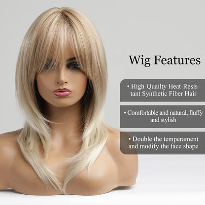 Alanhair Blonde Wigs for Women Shoulder-Length wig with Bangs,HAIRCUBE Synthetic Hair Layered Wigs Heat Resistant Fibre for Daily Party Use