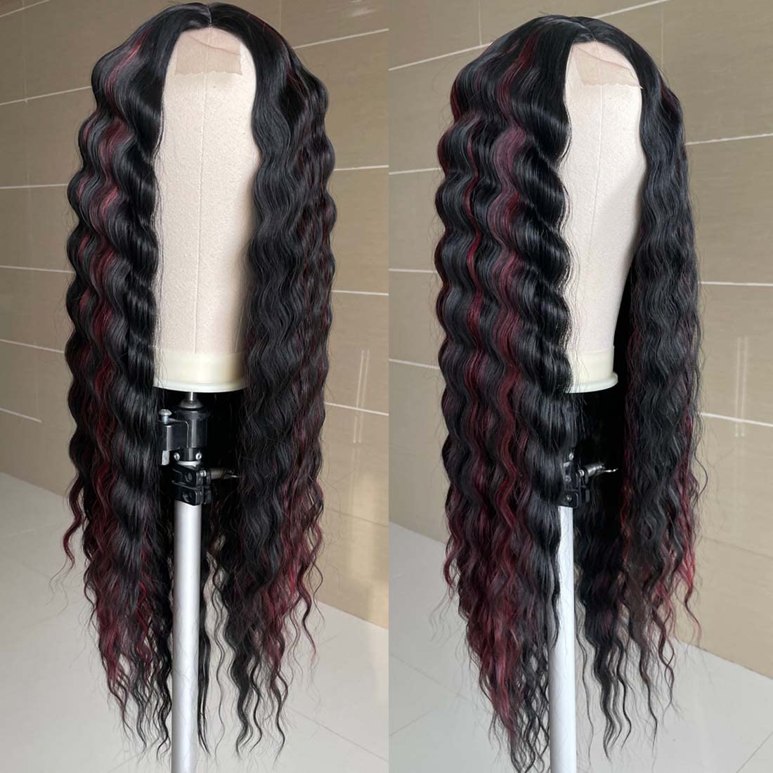 INSTASTYLE Burgundy Red Highlight Wig 30 inch Loose Deep Wave Wigs Synthetic Long Curly Wigs for Women Simulated Scalp Lace Front Wig Crimps Curls