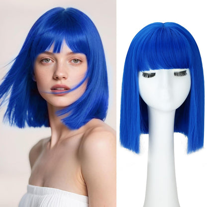 SUKRI Dark Blue Bob Wig With Bangs - Short Straight Bob Bangs Wig, 12Inch Heat Resistant Synthetic Hair, Natural Looking For Daily Party Use