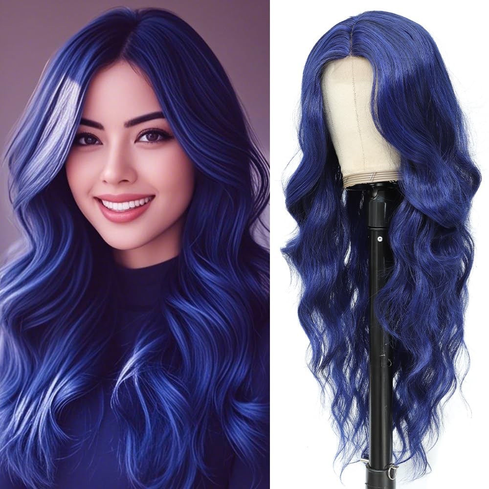 Blue Mixed Black Wigs for Women Long Wavy Blue Wig Natural Middle Part Synthetic Curly Hair Heat Resistant Fiber Hair Replacement Wigs for Daily Party