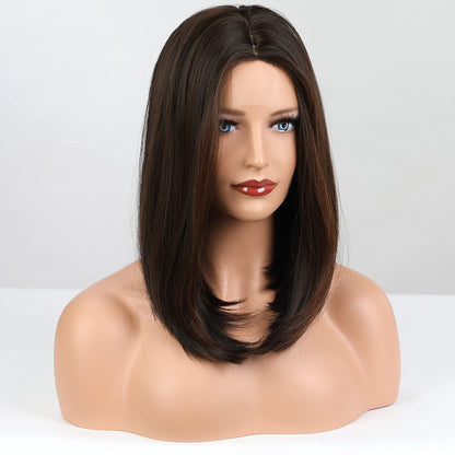 HAIRCUBE Short Dark Brown Bob Wigs Shoulder Length Wigs for Women Middle Part Heat Resistant Fibre Synthetic Wig Daily Natural looking