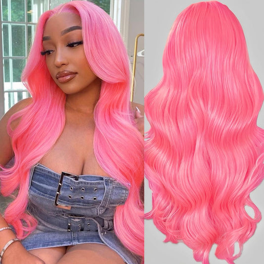 AAY 28 Inch Pink Lace Front Wig Human Hair 200 Density Pink Human Hair Wig 13x4 Body Wave Lace Front Wigs Human Hair Pre Plucked HD Lace Frontal Wigs Human Hair Colored Lace Wigs