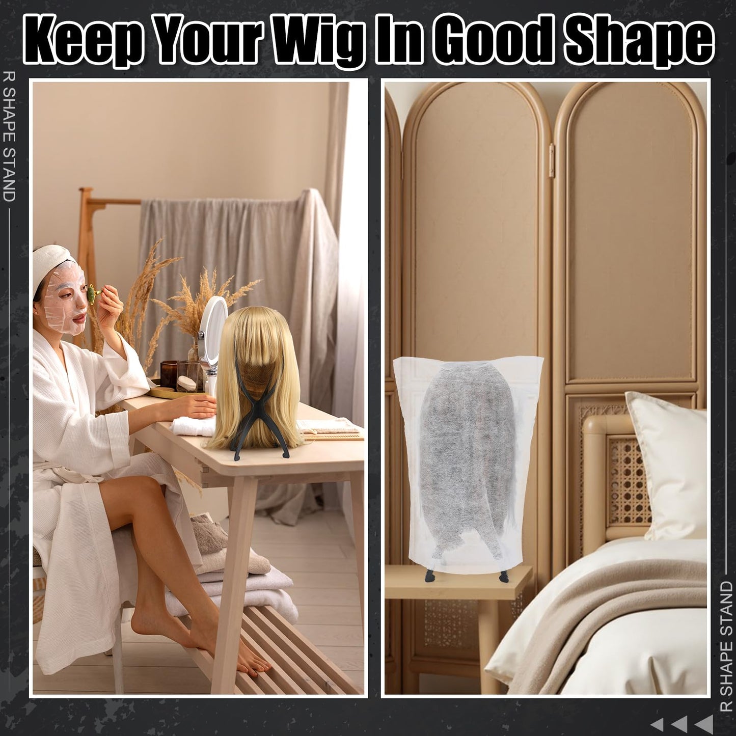 ProSuites 2 Pack Wig Stand with 2Pcs Wig Dust Bag, Travel Wig Head Stand Holder for Women Multiple Wigs Styling, Black, Hair Length Under 40cm/15.74in